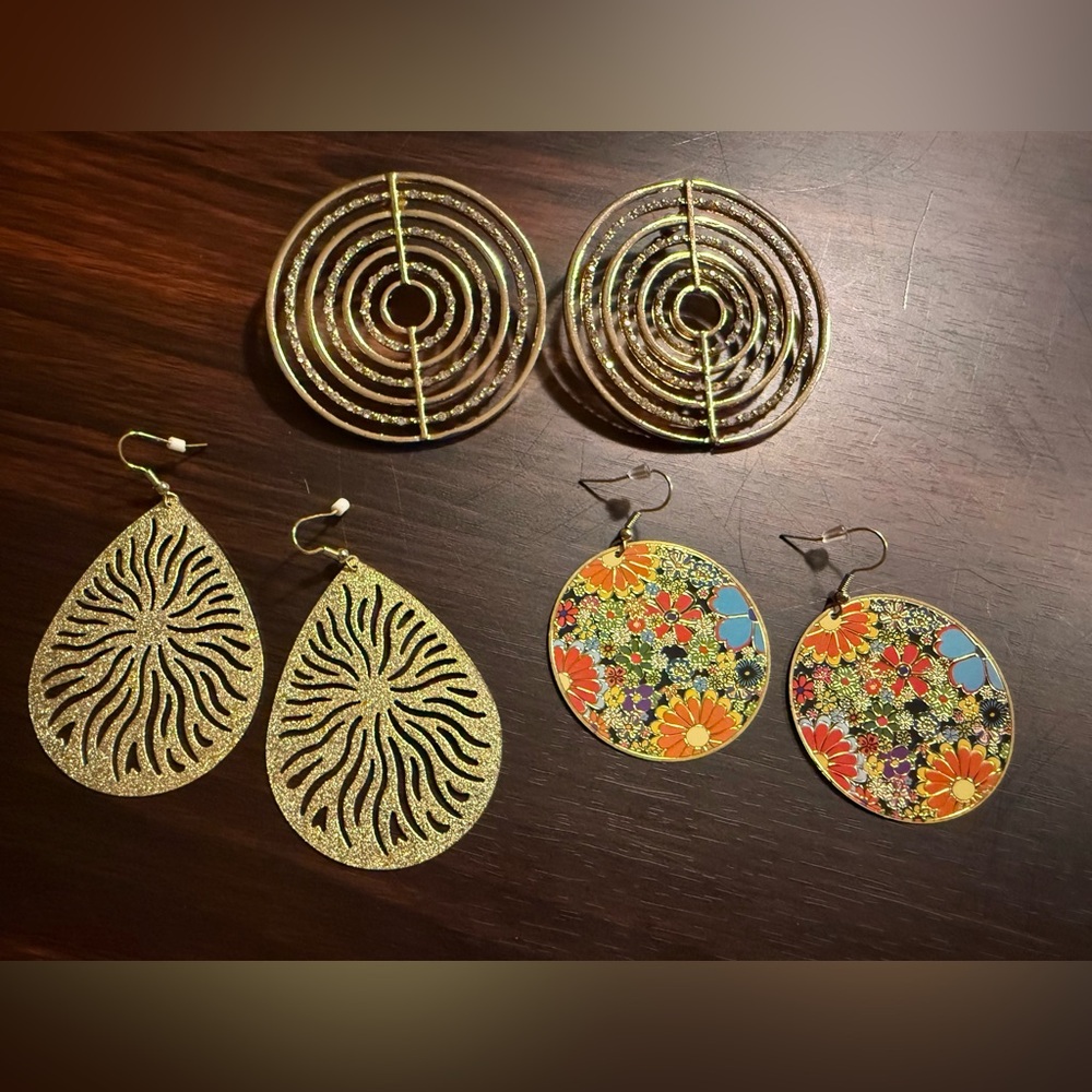 Three Pair Large Dangle Pierced Earrings Round Gold Tone Rhinestone Floral